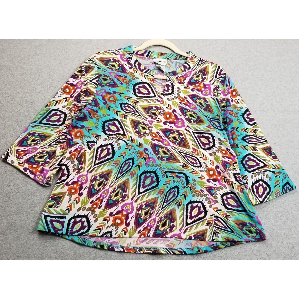 BonWorth‎ Top Womens Petite Medium PM Ikat ¾ Sleeve Blouse Jersey Stretch Casual